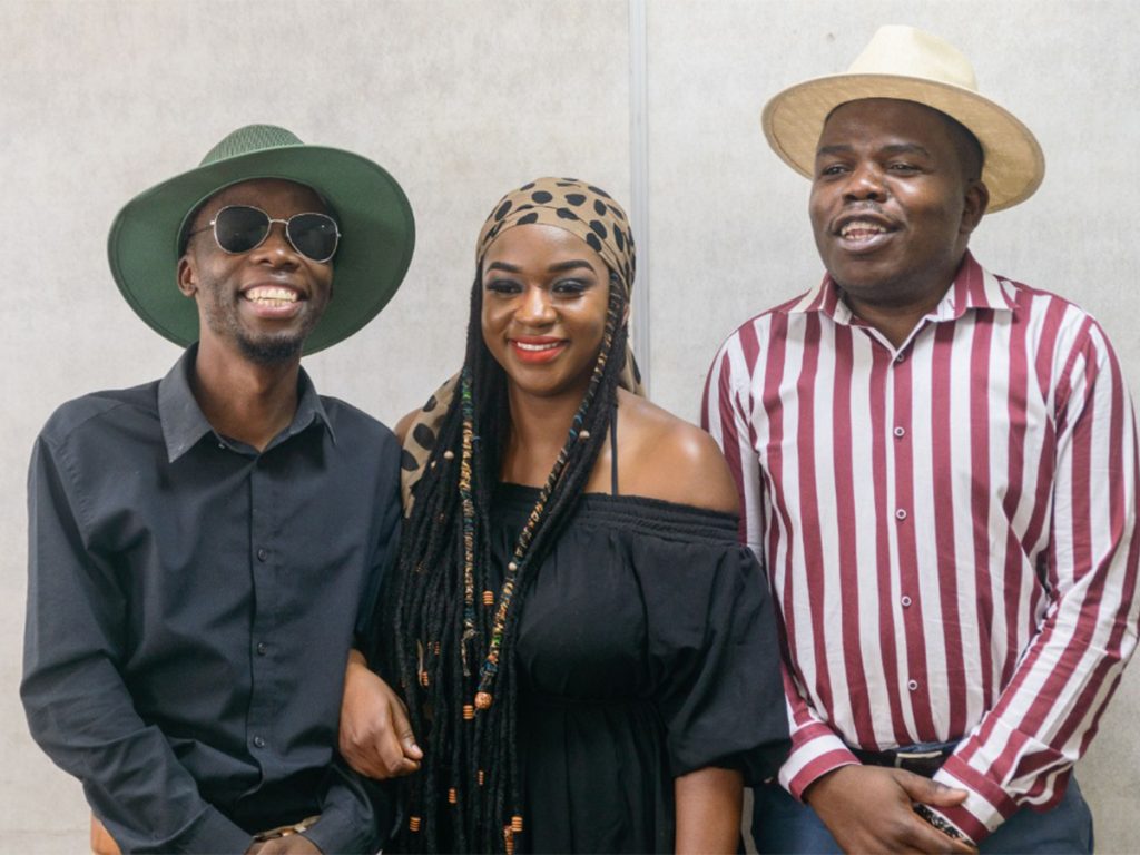 Singer and songwriter Feli Nandi, real name, Felistus Chipendo (centre) seen here with Nigel The Slick Pastor (left) and Comic Pastor (right).