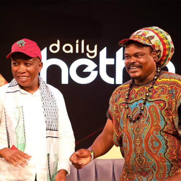 Economic Freedom Fighters leader Julius Malema receiving portraits from artists including Rasta on Wednesday 25th October 2023, after his interview on SABC 1 Daily Thetha.