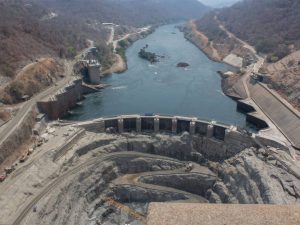 An aerial photo of Kariba Dam which borders Zimbabwe and Zambia and mainly used for electricity generation and also tourism