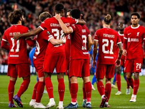 Liverpool players celebrate a goal against Union Saint-Gilloise in their UEFA Europa League match at Anfield on 5 October 2023.