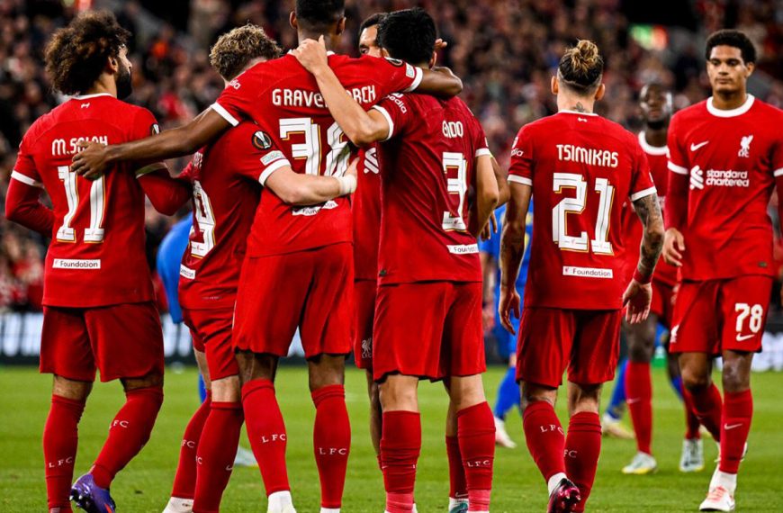Liverpool players celebrate a goal against Union Saint-Gilloise in their UEFA Europa League match at Anfield on 5 October 2023.