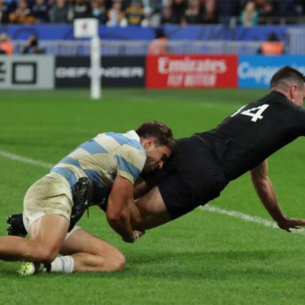 Home 162 New Zealand's right-wing Will Jordan dives across the line to score a try at Stade de France in Saint-Denis, on the outskirts of Paris, on October 20, 2023. © Thomas Samson, AFP