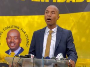 Home 6 Citizens Coalition for Change (CCC) deputy spokesperson Ostallos Siziba addressing a press conference on Wednesday, 18h October 2023 in Harare.