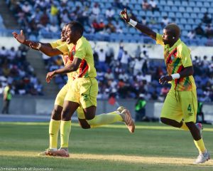Home 6 Zimbabwe national team players celebrate after Obriel Chirinda scored in the match against Botswana on 30th September 2023.
