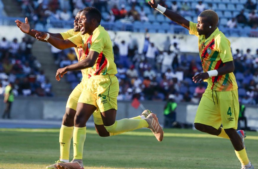Zimbabwe national team players celebrate after Obriel Chirinda scored in the match against Botswana on 30th September 2023.