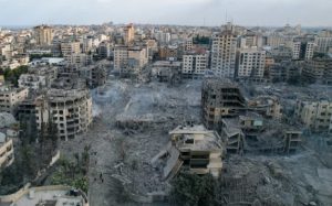 Home 8 This aerial photo show heavily damaged buildings following Israeli airstrikes in Gaza City on October 10, 2023. Israel pounded Hamas targets in Gaza on 10 October and said the bodies of 1,500 Islamist militants were found in southern towns recaptured by the army in gruelling battles near the Palestinian enclave.