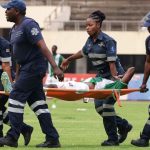 CAPS United striker Rodwell Chinyengetere being taken on a stretcher bed by paramedics as Makepekepe beat Sheasham 1-0 on Sunday 15th October 2023 in a Castle Lager Premier League match played at the National Sports Stadium