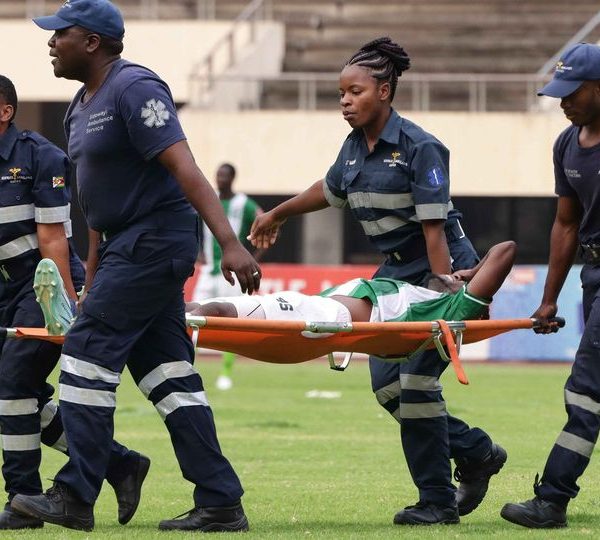 CAPS United striker Rodwell Chinyengetere being taken on a stretcher bed by paramedics as Makepekepe beat Sheasham 1-0 on Sunday 15th October 2023 in a Castle Lager Premier League match played at the National Sports Stadium