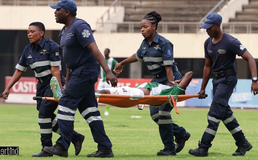 CAPS United striker Rodwell Chinyengetere being taken on a stretcher bed by paramedics as Makepekepe beat Sheasham 1-0 on Sunday 15th October 2023 in a Castle Lager Premier League match played at the National Sports Stadium