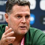 South Africa director Rassie Erasmus speaks during a press conference at Roland Garros Stadium in Paris, on 10 October 2023, as part of the France 2023 Rugby World Cup.