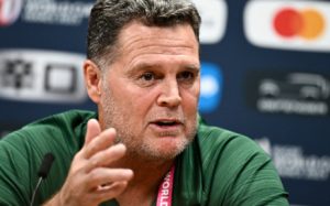 South Africa director Rassie Erasmus speaks during a press conference at Roland Garros Stadium in Paris, on 10 October 2023, as part of the France 2023 Rugby World Cup.
