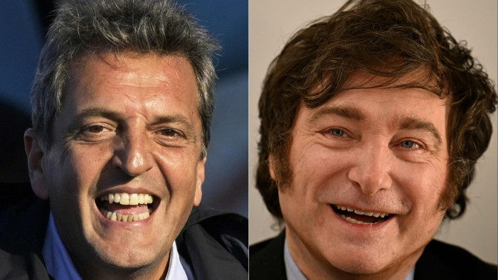 Argentina’s economy minister Sergio Massa, left, and libertarian outsider Javier Milei will advance to a run-off on November 19