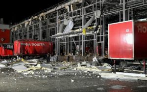 This picture taken on 21 October 2023 shows a damaged mail depot building following missile strikes by Russian army at the village of Korotych in Kharkiv region, Ukraine