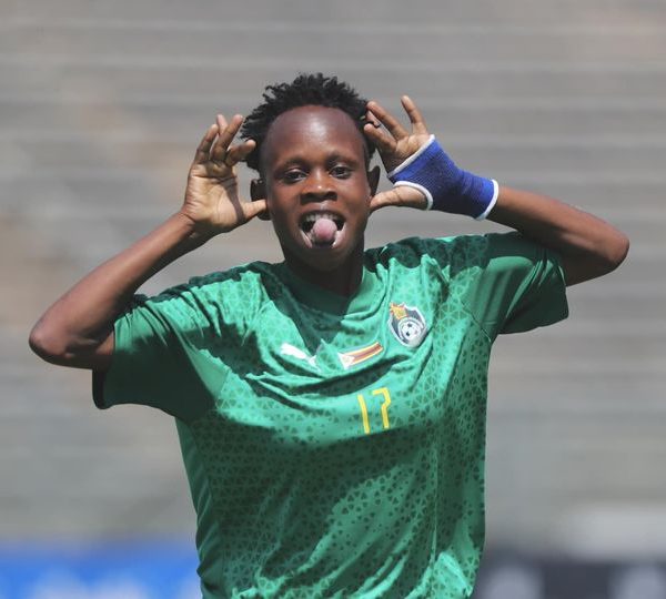 Priviledge Mupeti of Zimbabwe celebrates goal during the 2023 Hollywoodlbets COSAFA Womens Championship match between Zimbabwe (Mighty Warriors) and Lesotho at Lucas Moripe Stadium, Pretoria on 06 October 2023