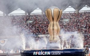Dancers perform among fireworks during the opening ceremony and inaugural game of the African Football League (AFL) between Simba of Tanzania and Al Ahly of Egypt at the Benjamin Mkapa Stadium in Dar es Salaam, on 20 October 2023.