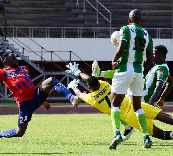 Home 163 Dynamos goalkeeper, Prince Tafiremutsa was saved by the defence after fumbling the ball during the Chibuku Super Cup match against CAPS United at the National Sports Stadium on October 29, 2023.