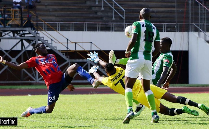 Dynamos goalkeeper, Prince Tafiremutsa was saved by the defence after fumbling the ball during the Chibuku Super Cup match against CAPS United at the National Sports Stadium on October 29, 2023.