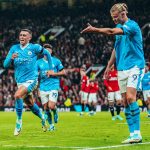 Manchester City's Phil Foden and Erling Haaland celebrate a goal against Manchester United in their English Premier league match at Old Trafford on 29 October 2023.