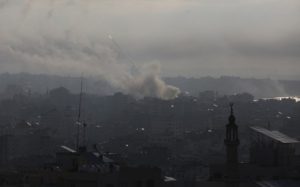 Rockets are fired from Gaza City towards Israel on 7 October 2023.