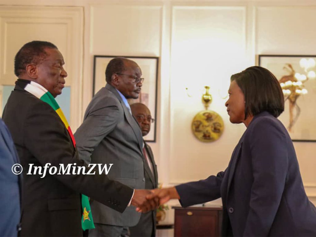 Angelina Vere who becomes Zimbabwe Gender Commission (ZGC) commissioner is seen in this photo shaking hands with President Mnangagwa soon after the swearing in ceremony on 6th November 2023.