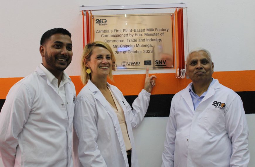 European Union officials pose for a group photo at the 260 Brands factory inauguration in Chinika Industrial area, Lusaka, Zambia recently.
