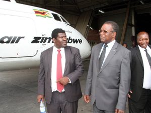 Transport and Infrastructural Development Minister Dr Joram Gumbo discusses Air ZImbabwe operations with the airline’s Acting CEO Mr Edmund Makona during a familiarisation tour in Harare. Looking on is Airzim Technical Operations Acting Director Mr Joseph Marowa. — (Picture by John Manzongo)