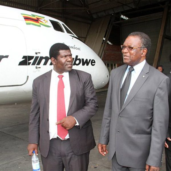 Transport and Infrastructural Development Minister Dr Joram Gumbo discusses Air ZImbabwe operations with the airline’s Acting CEO Mr Edmund Makona during a familiarisation tour in Harare. Looking on is Airzim Technical Operations Acting Director Mr Joseph Marowa. — (Picture by John Manzongo)