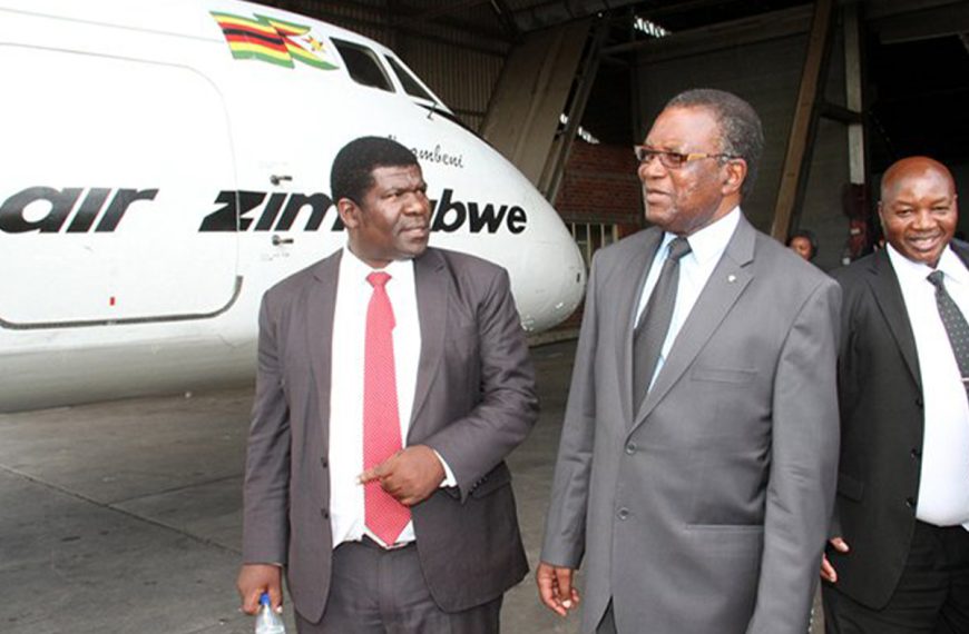 Transport and Infrastructural Development Minister Dr Joram Gumbo discusses Air ZImbabwe operations with the airline’s Acting CEO Mr Edmund Makona during a familiarisation tour in Harare. Looking on is Airzim Technical Operations Acting Director Mr Joseph Marowa. — (Picture by John Manzongo)
