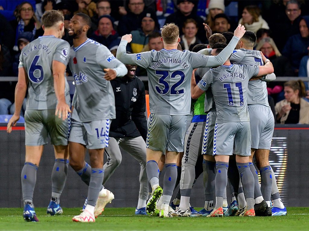 In this photo Everton FC players celebrate a goal in the Premier League match against Crystal Palace played on 13th November 2023.