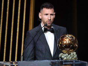 Argentina and Inter Miami player Lionel Messi speaks at the Men’s Ballon d’Or ceremony in Paris, France on Monday 30th October 2023 after winning the award for a record eighth time.