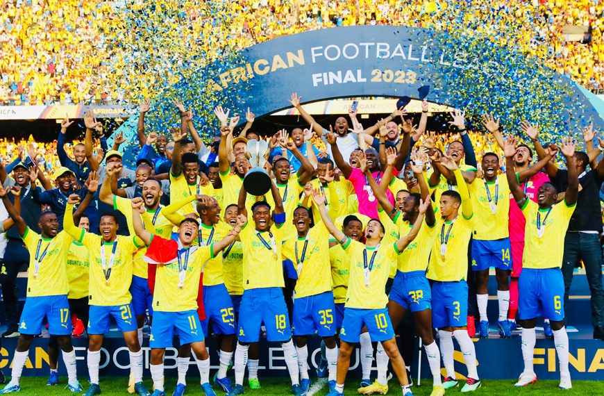 Mamelodi Sundowns players celebrate victory in the inaugural African Football League on 12 November 2023. Sundowns beat Wydad Casablanca of Morocco 2-0 in Pretoria to claim the title.