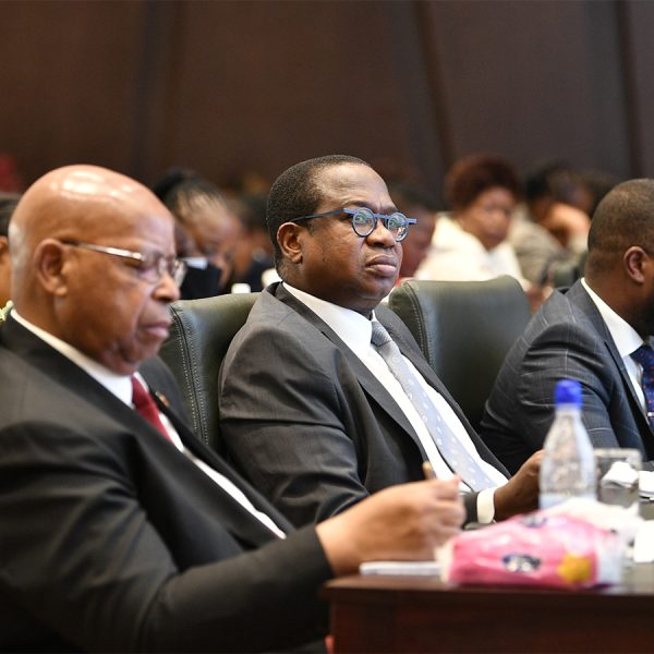 Finance minister Mthuli Ncube flanked by Finance deputy minister David Mnangagwa and Speaker of Parliament Jacob Mudenda during a pre-Budget Seminar in Harare on 6th November 2023.
