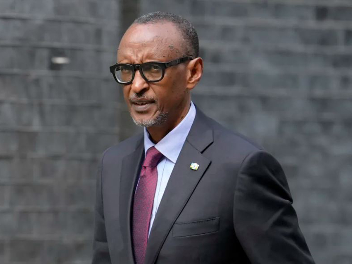 President of Rwanda Paul Kagame walks along Downing Street to a meeting with Britain's Prime Minister Rishi Sunak, in London, Thursday, May 4, 2023.