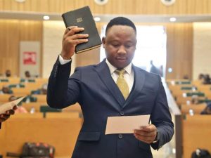 CCC member of parliament Takudzwa Ngadziore takes oath during the swear-in ceremony in September 2023 at Zimbabwe new parliament in Mt Hampden.