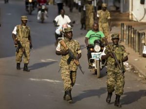 Ugandan army soldiers in downtown Kampala, Uganda, Saturday, Feb. 20, 2016.