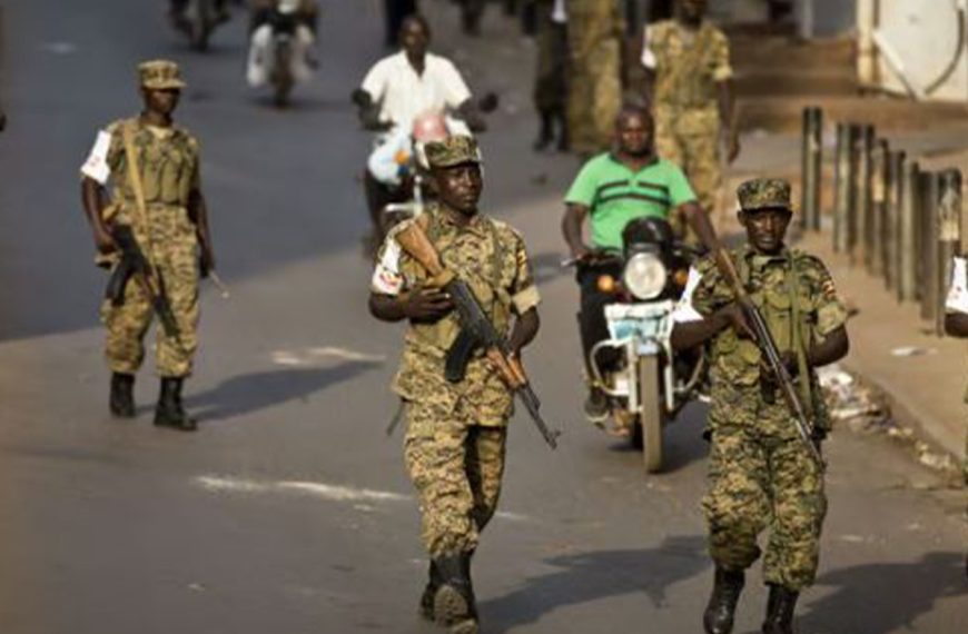 Home 17 Ugandan army soldiers in downtown Kampala, Uganda, Saturday, Feb. 20, 2016.