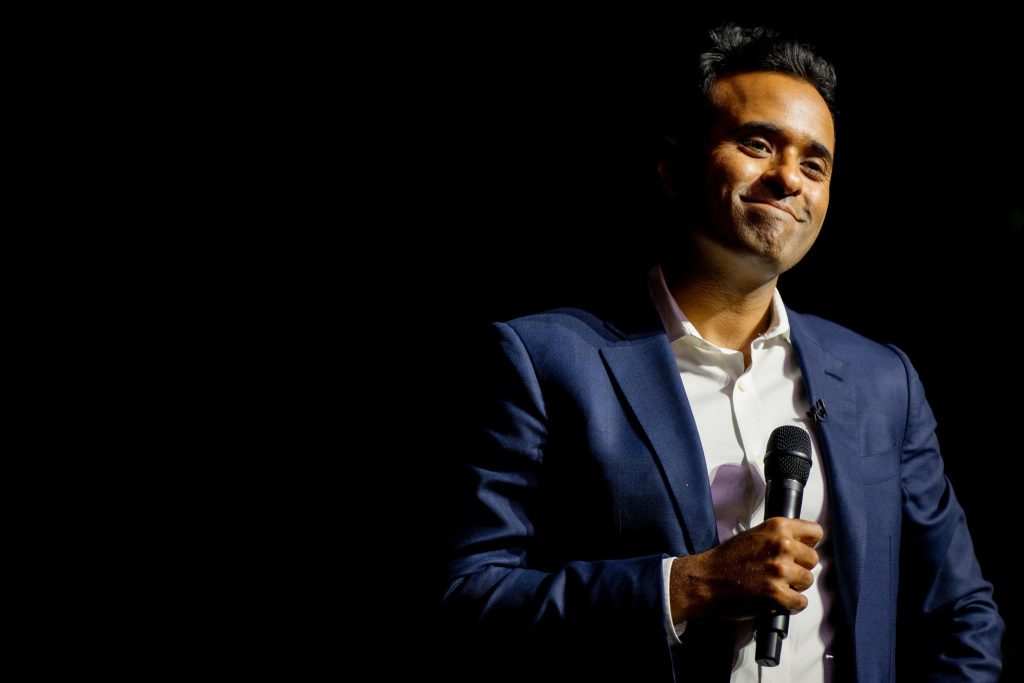 Republican presidential candidate Vivek Ramaswamy smiles while listening to a question from a college student during a campaign rally in the Hogg Memorial Auditorium at the University of Texas at Austin on October 12, 2023 in Austin, Texas. 