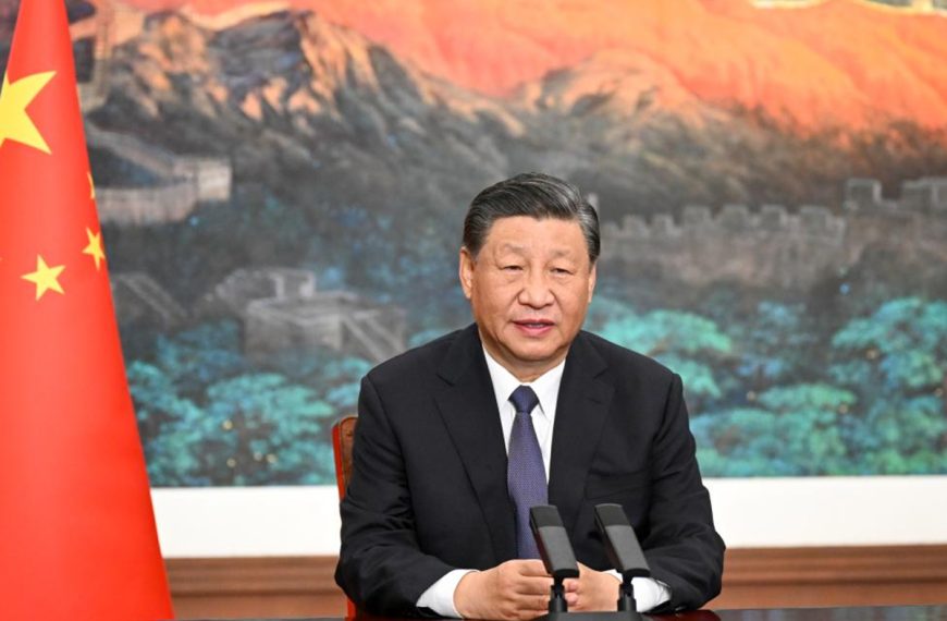 Chinese President Xi Jinping addresses the 2023 World Internet Conference Wuzhen Summit via video on Nov. 8, 2023.