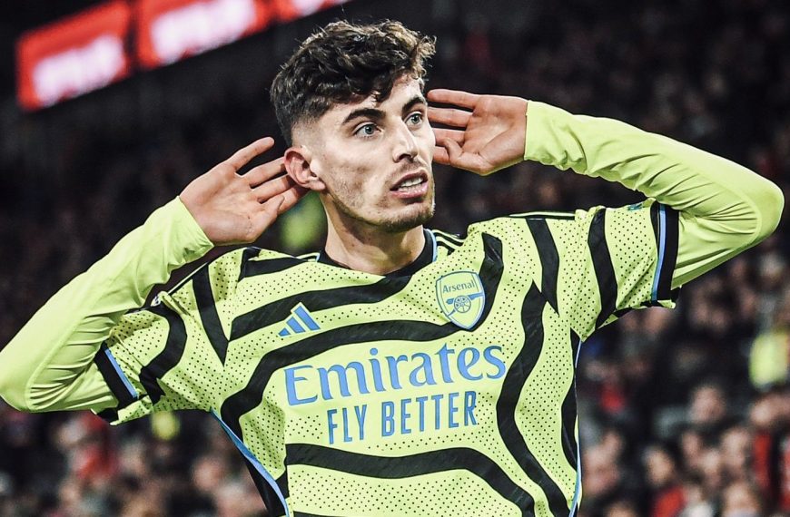 Arsenal player Kai Havertz celebrates after scoring late to secure a 1-0 win over Brentford in a Premier League match played on 25th November 2023