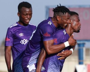 Home 7 In this photo Ngezi Platinum Stars players are seen celebrating a goal during the 2023 Castle Lager Premier League match at Baobab Stadium in Mhondoro, Zimbabwe.