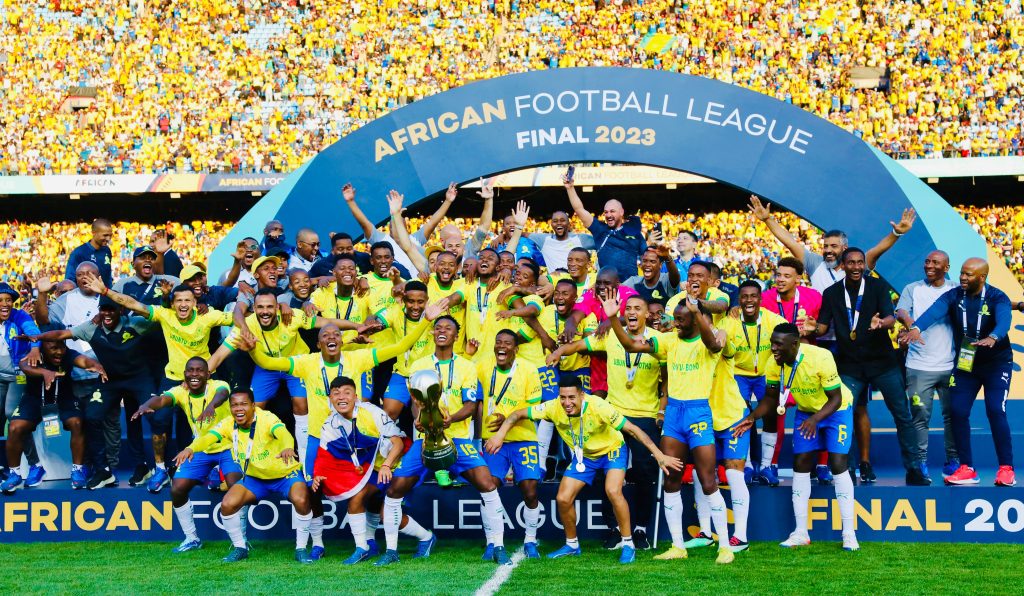 Mamelodi Sundowns players celebrate victory in the inaugural African Football League on 12 November 2023. Sundowns beat Wydad Casablanca of Morocco 2-0 in Pretoria to claim the title.
