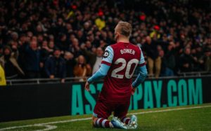 Home 8 West Ham United forward Jarrod Bowen celebrates his goal against Tottenham in their English Premier League match on 7 December 2023.