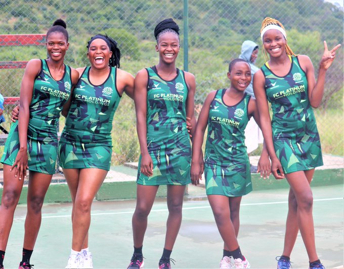 Premier Netball League team Platinum Queens players pose for a team photo at their netball centre in Zvishavane, Zimbabwe.