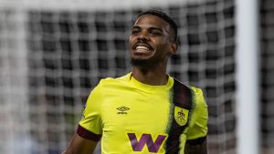 Home 8 Burnley's Lyle Foster celebrates scoring before his effort was disallowed by VAR for handball during the Premier League match between Nottingham Forest and Burnley FC at City Ground on September 18, 2023 in Nottingham, England.