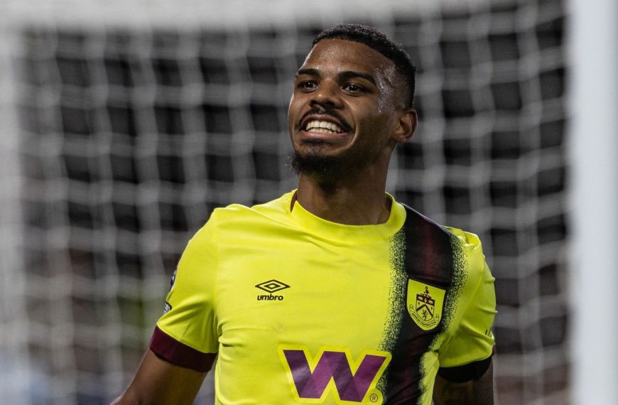 Burnley's Lyle Foster celebrates scoring before his effort was disallowed by VAR for handball during the Premier League match between Nottingham Forest and Burnley FC at City Ground on September 18, 2023 in Nottingham, England.