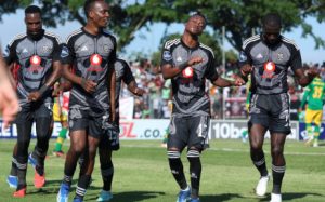 Home 7 Orlando Pirates players celebrate a goal against Golden Arrows in their DStv Premiership match on 17 December 2023.