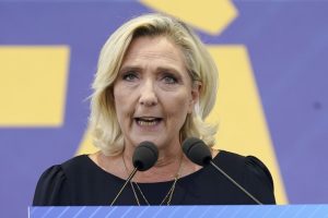 Home 7 France Marine Le Pen, President of the Rassemblement National talks during the Lega Nord Party Annual Meeting on September 17, 2023 in Pontida, Italy. (Photo by Pier Marco Tacca/Getty Images)