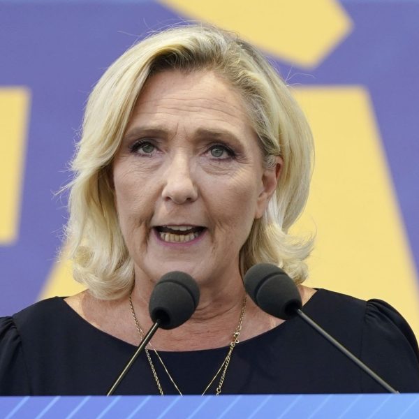 Home 128 France Marine Le Pen, President of the Rassemblement National talks during the Lega Nord Party Annual Meeting on September 17, 2023 in Pontida, Italy. (Photo by Pier Marco Tacca/Getty Images)