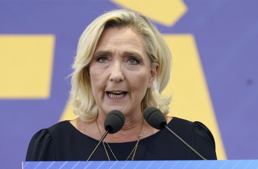 France Marine Le Pen, President of the Rassemblement National talks during the Lega Nord Party Annual Meeting on September 17, 2023 in Pontida, Italy. (Photo by Pier Marco Tacca/Getty Images)