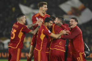 Home 8 AS Roma players celebrate the team's 2-0 win over Napoli in a Serie A encounter on Saturday 23rd December 2023.